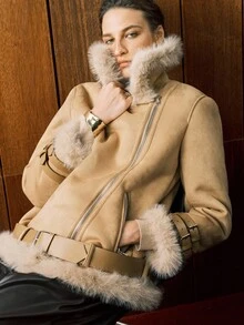 Arave 棕色超大领复古高端仿皮毛绒绒夹克