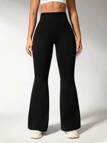 Rhythm Era 1pc Women Plus Size Seamless High Stretch Ribbed V-Back Yoga Fitness Workout Gymnastics Dance Flare Pants Black Flared Leggings Flare Yoga Pants Women Flare Leggings Weight Loss Flare Workout Pants Harley Quin - Black - View 5