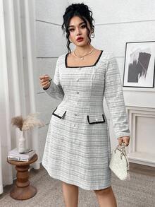 Modelyn Plus Size Women's Square Collar Long Sleeve Plaid Button Design Elegant Dress