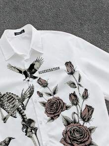 Manfinity ZONE917 ZONE917 Loose Cropped Skull & Flower Print White Short Sleeve Shirt