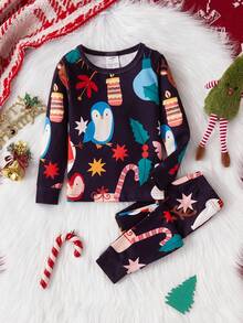 2pcs Young Boy Christmas Pajama Set,Cute Penguin,Bear,Snowman,Gingerbread Man & Candy Print Snug Fit Long Sleeve Top And Pants,Autumn Family Matching - Multicolor - View 6