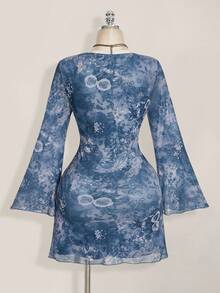 SHEIN ICON 大码女装秋季连衣裙，女士长袖连衣裙，Y2k 复古佩斯利网眼喇叭袖性感节日连衣裙，适合日常穿着 - 藍色 - 查看 2