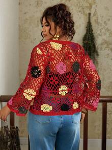 Travachic Cardigan de Manga Longa Transparente com Estampa Floral Vazada e Nó Frontal, Plus Size - Vermelho - Visão 2