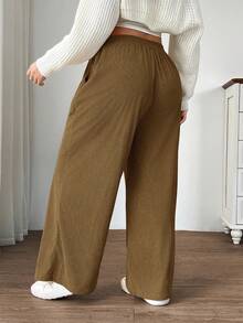 SHEIN EZwear 大码女式高腰宽松阔腿裤，咖啡棕色灯芯绒面料，口袋和贴布设计，适合校园、日常穿着、室内工作、秋冬 - 咖啡棕 - 查看 2