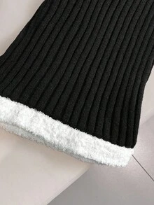 Franclia 女士休闲优雅弹力腰黑色撞色白色滚边拼接毛绒喇叭裤长款秋冬毛衣裤冬季女装秋冬女装秋季女装秋季女装新年女装感恩节派对婚礼优雅休闲奢华优雅时尚休闲通勤商务办公日常休闲百搭气质都市教师职业装