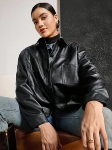 SHEIN LUNE Kurtka damska Street Rock Casual w kolorze czarnym z PU z długim rękawem, plus size, jesienno-zimowa, termiczna na wakacje - Czarne - Zobacz 5