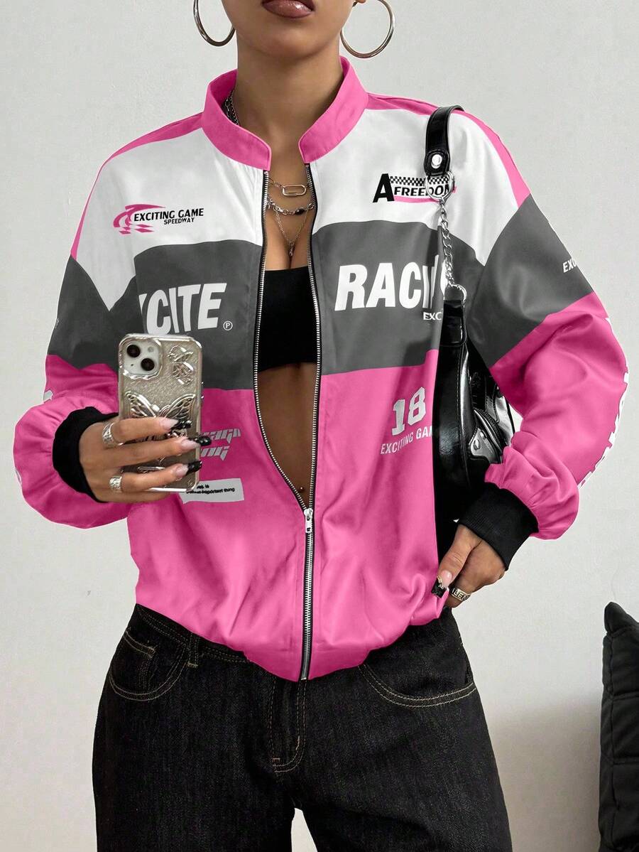 SHEIN PETITE 字母印花撞色落肩飞行员夹克，适合新年服装 - 玫紅色 - 查看 1