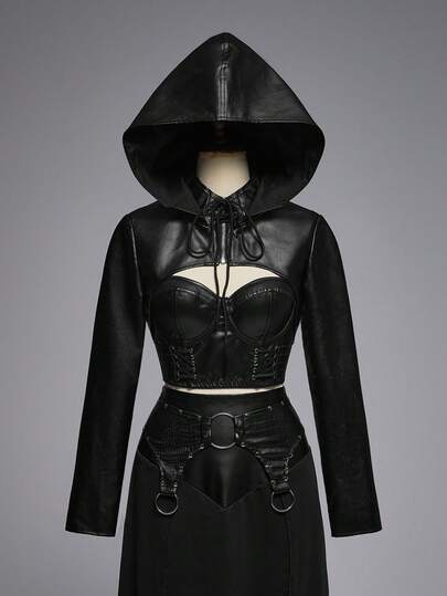 Goth Women's Gothic Punk Hooded Cropped PU Leather Jacket