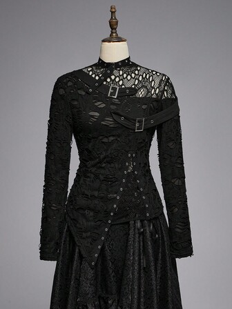 Goth Top asimétrico de estilo punk gótico con parches de malla floral rasgada y sexy en negro