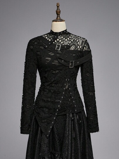 Goth Top asymétrique style punk gothique avec patchwork de maille florale déchirée noire sexy