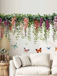 1pc Fanyu Rose Vine Butterfly Wall Stickers - Self-Adhesive Removable PVC Decals With Pink Roses, Green Leaves & Purple Butterflies For Walls, Plastic Surfaces - Fantasy Floral Decor, Semi-Matte Finish, Butterfly Decorations
