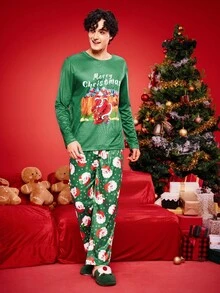 SHEIN Zestaw piżamowy dla mężczyzn w dużych rozmiarach z elementami świątecznymi - Zielony - Zobacz 3