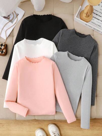 SHEIN Tops de manga larga de punto elástico de unicolor, básicos informales para niñas preadolescentes, ideales para uso casual, diario y escolar en otoño e invierno, imprescindibles y versátiles, a juego con mamá