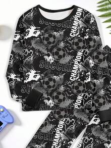 1set Teen Boys Snug Fit Pajamas, Black Football Graffiti Allover Print Long Sleeve Top And Pants, Spring/Autumn - Black - View 4