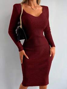 EURMUSE Women's Autumn Commuter Simple Solid Color Keyhole Neck Fitted Sweater Dress - Burgundy - View 1