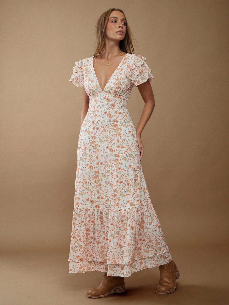 WESTFADE Floral Print Chiffon V Neck Flutter Sleeve Tiered Ruffle Maxi Dress – Cute Fall Autumn Winter Spring Summer Long Dress, Cottagecore Farmhouse Country Style, Western Chic Nashville Country Concert Outfit, Boho Wedding Guest, Bridal Shower, Outdoor Festival, Ranch, Cowgirl Dress, Midwest Fashion Casual Wear For Women - Yellow - View 1