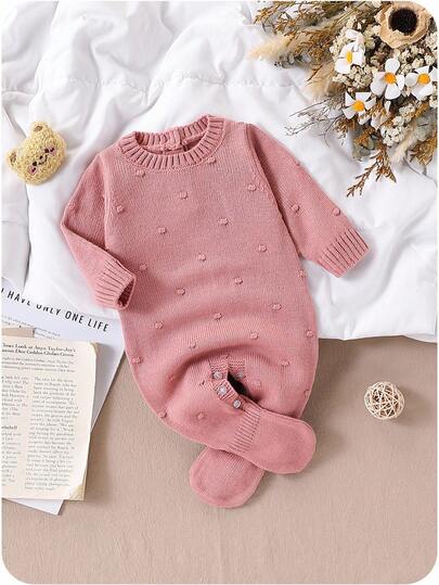 SHEIN Playful Pals Light Pink,Autumn,Cute Newborn Sweater Romper,Footed Jumpsuit For Infants Baby Girl Knitted Outfits Christmas Halloween Toddler Cardigan Sweater Tops