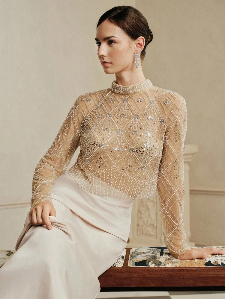 Women's Fashionable High-End Luxury Handmade Beaded Long Sleeve Blouse, Suitable For Fall, Winter, New Year, Elegant, Chic, Stylish, Christmas, Going Out