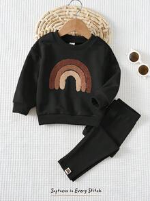 Cozy Pixies 2pcs Baby Girl Rainbow Pattern Knit Soft Crew Neck Long Sleeve Sweatshirt And Elastic Waist Pants Set Baby Set Autumn Winter Season Rainbow Baby Outfits Two Piece Toddler Set Baby Casual Sets Fall - Black - View 1