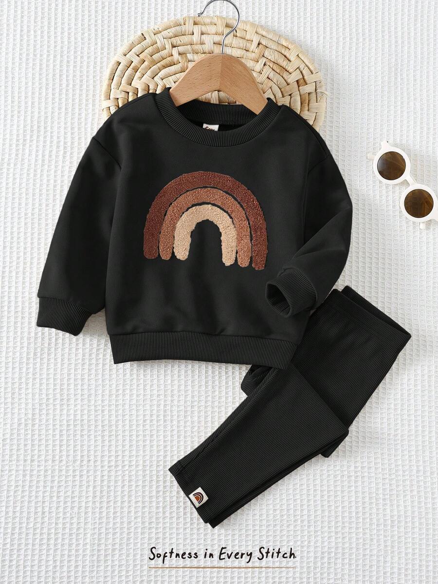 Cozy Pixies 2pcs Baby Girl Rainbow Pattern Knit Soft Crew Neck Long Sleeve Sweatshirt And Elastic Waist Pants Set Baby Set Autumn Winter Season Rainbow Baby Outfits Two Piece Toddler Set Baby Casual Sets Fall - Black - View 1
