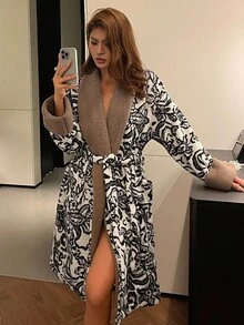 DAZY Damen dicke gemusterte Plüsch Splice einfarbige Plüsch Lange Robe, Winter Thermofutter, flauschig - Schwarz und Weiss - Übersicht 4