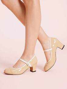 CUCCOO DOLLMOD Giày cao gót đế tròn Mary Jane nhung thời trang mới 2024 - Màu Khaki - Xem 5