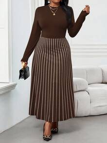 SHEIN Lady 秋冬优雅通勤办公室彩色棕色针织立领喇叭中长袖大码连衣裙冬季女装感恩节女装冬季服装长袖连衣裙冬季冬装冬装女士冬装冬装冬装女士冬装冬装女士休闲连衣裙女士休闲装女士休闲连衣裙 - 摩卡棕 - 查看 5