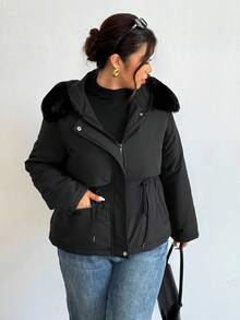 Firerie Manteau long rembourré à col amovible, doublure thermique super épaisse, pour le travail et les sorties, grande taille. Veste en coton à capuche, col en fourrure, manches longues, taille resserrée par cordon, poches en peluche, pour l'automne/l'hiver. - Noir - Voir 6