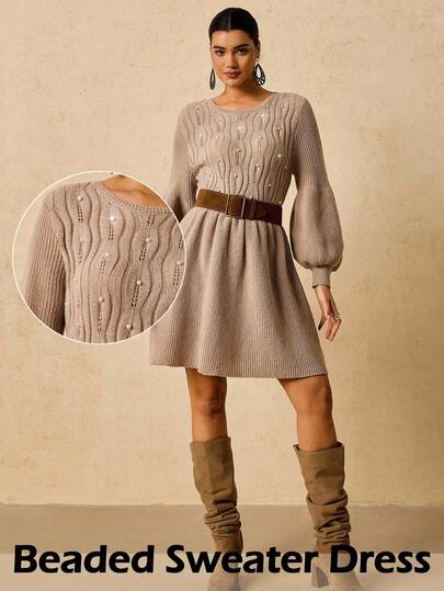 Travachic Plus Size Women Khaki Round Neck Long Sleeve Sweater Dress, Autumn/Winter Women Casual Vacation Dress With Textured Knit Patchwork, Pearl Decor Waist A-Line Sleeve Cuff Round Neck Knitted Dress For Women Winter Dress Jumper Dress Beige Dress For Women Pearl Embellished Sweater Dress Fall Clothes Plus Size Holiday Maglie Maniche Lunghe Long Sleeve Sweaters Sparkly Dress Pearl Sweater Dress Winter Dress Women