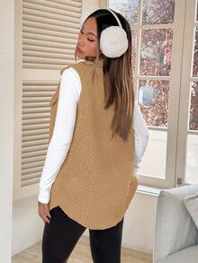 SHEIN EZwear 1件女款純色鈕扣前襟無袖口袋休閒背心，秋季/冬季日常穿著，卡其色，女款秋季穿搭，女款背心，舒適秋季/冬季女裝 - 駝色 - 查看 2