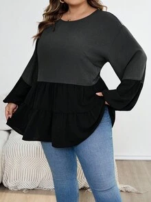 SHEIN CURVE+ 大码女式宽松休闲衬衫，圆领，落肩，长袖，荷叶边下摆/秋冬 - 彩色 - 查看 5