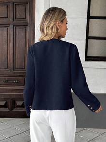 Pariaura 优雅法式编织圆领长袖常规版型女士绿色夹克，夏季新品 - 藏蓝色 - 查看 2