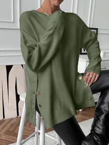 EURMUSE Women's Casual Crew Neck Pullover Sweater With Side Button - Mint Green - View 5