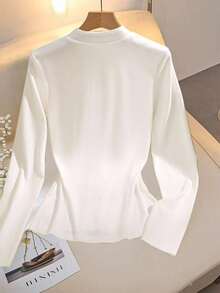 GlowEve 女式休闲刺绣纽扣T恤，带保暖衬里，秋冬 - 白色 - 查看 2