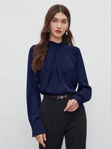 BizChic 2025秋冬海军蓝领褶设计女衬衫，现代优雅时尚商务休闲办公装，百搭百搭浪漫风格，适合正式场合、派对、婚礼、音乐会、早午餐、机场、国庆节、新年、圣诞节、万圣节 - 藏蓝色 - 查看 7