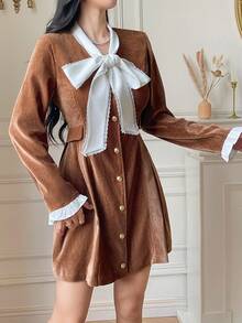 DAZY Abito corto elegante da donna in stile francese con fiocco, adatto per l'autunno/inverno - Castano - Visualizzare 1