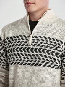 Manfinity Homme Áo len chui đầu tay dài cổ khóa kéo họa tiết hình học cho nam Sumwon Twilight, Thu Đông - trắng - Xem 2