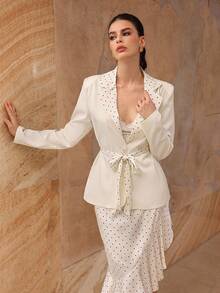 Modelyn Women's Elegant Polka Dot Patchwork Beige Fashion Asymmetrical Hem Tie Waist Suit Set, Autumn/Winter - Apricot - View 3
