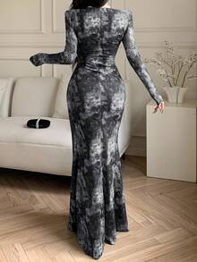 Feyla 女式时尚优雅扎染印花长袖连衣裙 - 黑色 - 查看 2
