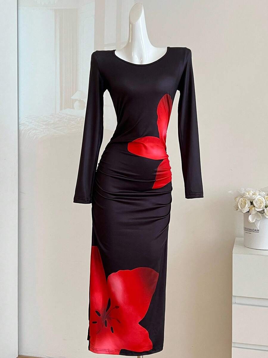 Sweetra Young Váy vải dệt kim màu đen trơn dành cho bé gái tuổi teen mùa xuân, hè, thu, váy dài tay ôm in hoa ombre màu đỏ, phù hợp cho bé gái tuổi teen, sang trọng và thanh lịch để mặc hàng ngày, đi biển, tiệc tùng, chụp ảnh - màu đen - Xem 1