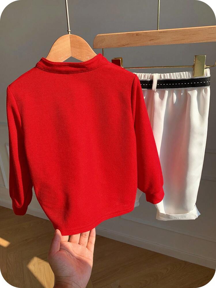 SHEIN 2pcs/Set Baby Boy Autumn Fall/Winter Outfit,Red Collared Long Sleeve Polo Shirt,White Trousers,Casual,Red And White Stripe,Matching Family,Christmas - Red - View 2