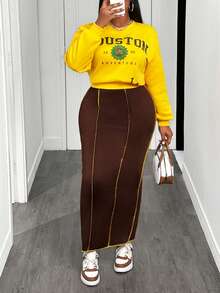 Slaydiva 2025秋冬新款女装加大码黄色长袖印花卫衣+棕色撞色修身半身裙套装，适合日常、外出、购物、街头、学校、大学等场合的时尚搭配。 - 彩色 - 查看 7