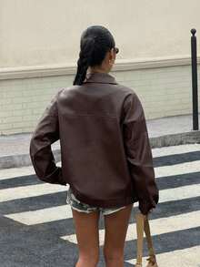 Muchica Drop Shoulder Zip Up PU Cropped Leather Jacket