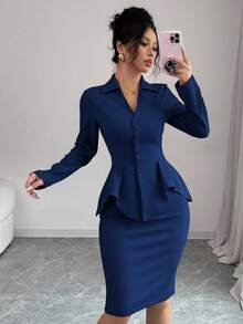 Elenzga Women's Waist Cinched V-Neck Top And Bodycon Skirt Set, Autumn/Winter - Navy Blue - View 4