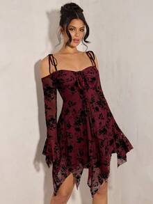 SHEIN BAE Gaun Wanita Warna Polos Bertekstur Jacquard Berenda Model Bodycon dengan Hem Asimetris dan Bahu Terbuka, Lengan Panjang, Musim Semi/Panas - Burgundy - View 6