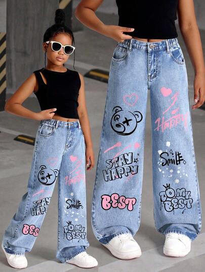 Sparklyn 女孩 Y2K 风格新款涂鸦印花复古水洗休闲百搭宽松直筒牛仔裤，百搭时尚，适合各种风格，可爱印花，适合所有季节