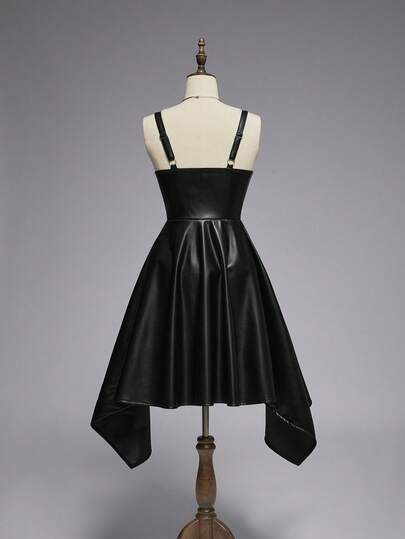 EDITION Women's Gothic Punk PU Front Short Back Long Strap Mid-Length Dress