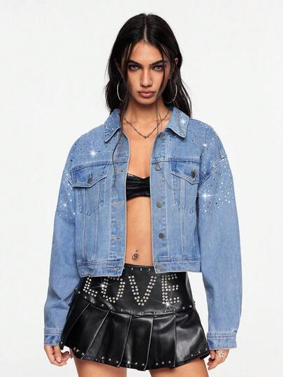 Women's Casual Fashion Rhinestone Embellished Drop Shoulder Loose Cropped Denim Jacket, Spring/Autumn