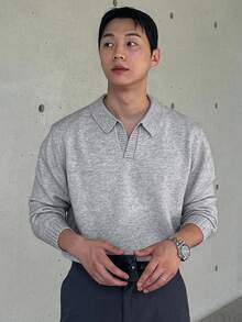 DAZY Men's Solid Color Polo Neck Sweater, Light Gray, Autumn Buisness Attire