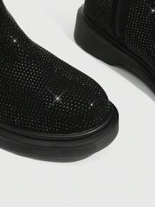 CUCCOO SZL Women's Round Toe Thick Sole Fashionable British Style Black Full Rhinestone Luxury Personalized Chelsea Boots, Boots, Motorcycle Ankle Boots